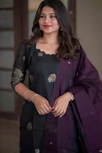 women's art silk woven butta motiff kurta pant with dupatta set