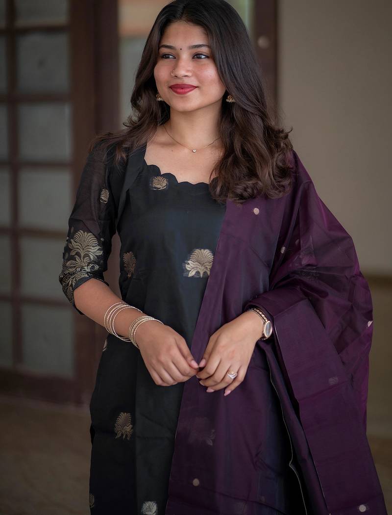 women's art silk woven butta motiff kurta pant with dupatta set
