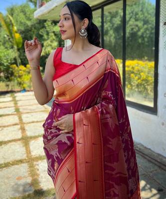 Women's wine woven silk blend saree with blouse piece 2