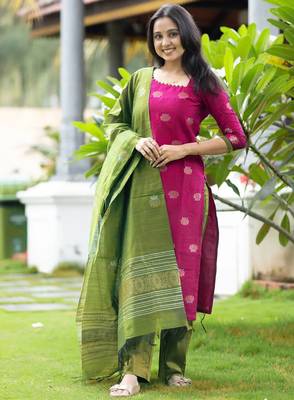 women's art silk woven butta motiff kurta pant with dupatta set 1