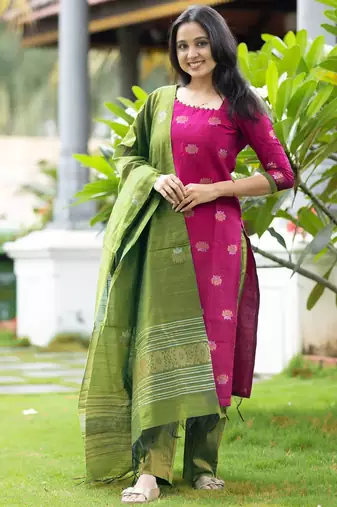 women's art silk woven butta motiff kurta pant with dupatta set