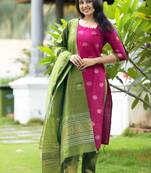 women's art silk woven butta motiff kurta pant with dupatta set