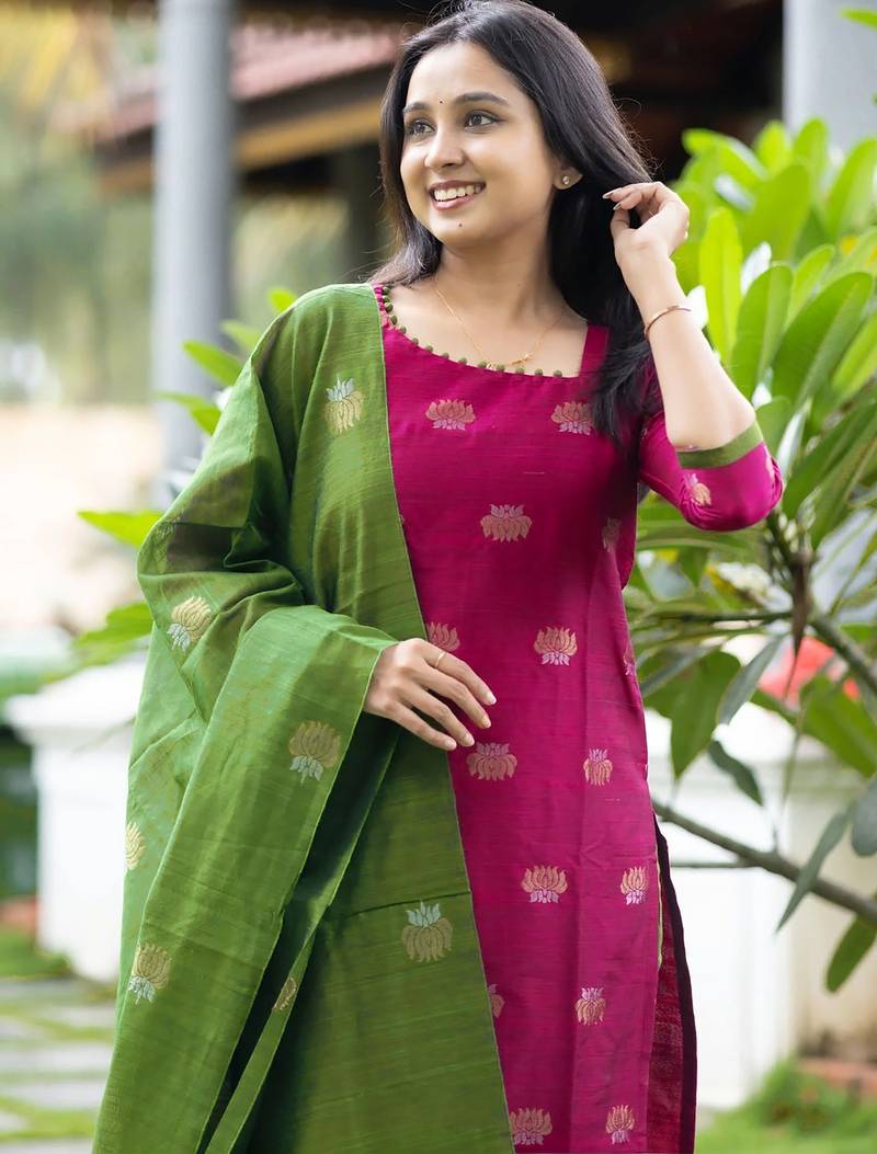 women's art silk woven butta motiff kurta pant with dupatta set