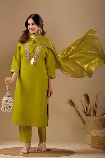 Lime green embroidered mul chanderi kurta pant set with banarasi jacquard dupatta