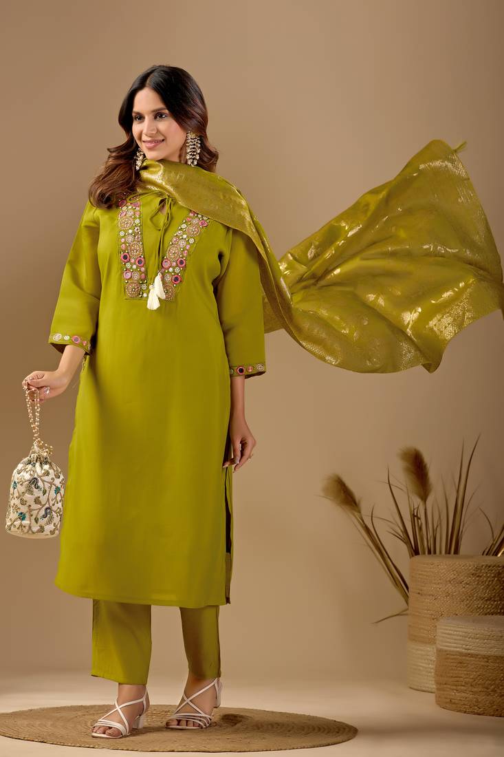 Lime green embroidered mul chanderi kurta pant set with banarasi jacquard dupatta