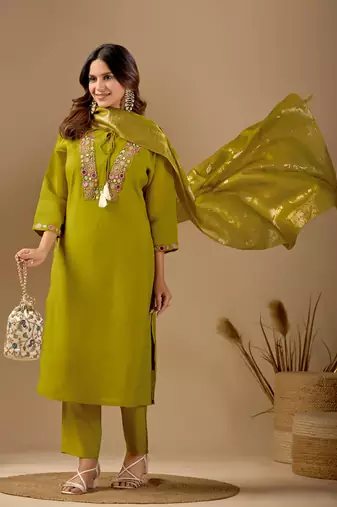 Lime green embroidered mul chanderi kurta pant set with banarasi jacquard dupatta