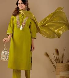 Lime green embroidered mul chanderi kurta pant set with banarasi jacquard dupatta