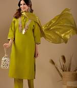 Lime green embroidered mul chanderi kurta pant set with banarasi jacquard dupatta