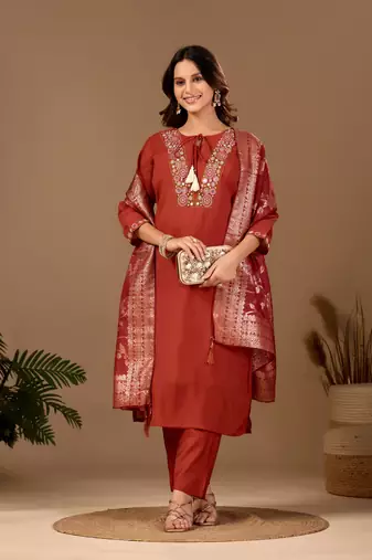 Rust embroidered mul chanderi kurta pant set with banarasi jacquard dupatta