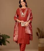 Rust embroidered mul chanderi kurta pant set with banarasi jacquard dupatta