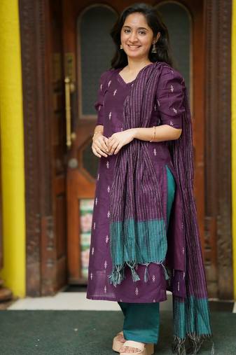 women's art silk woven butta motiff kurta pant with dupatta set