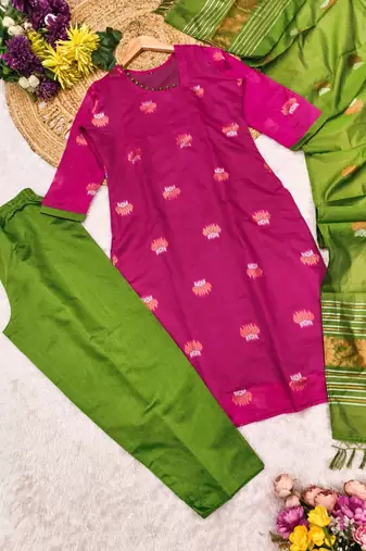 women's art silk woven butta motiff kurta pant with dupatta set