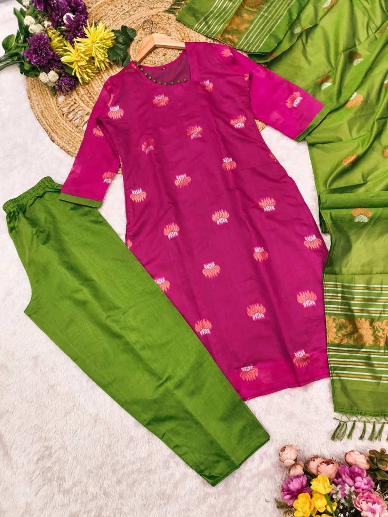 women's art silk woven butta motiff kurta pant with dupatta set