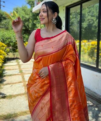 Women's orange woven silk blend saree with blouse piece 2