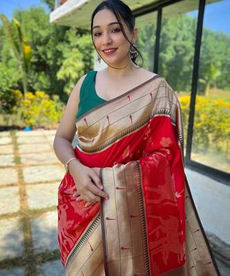 Women's red woven silk blend saree with blouse piece 2