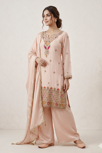 baby pink festive palazzo suit set with heavy embroidery