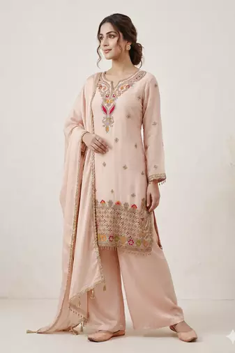 Designer baby pink  festive palazzo suit set with heavy embroidery