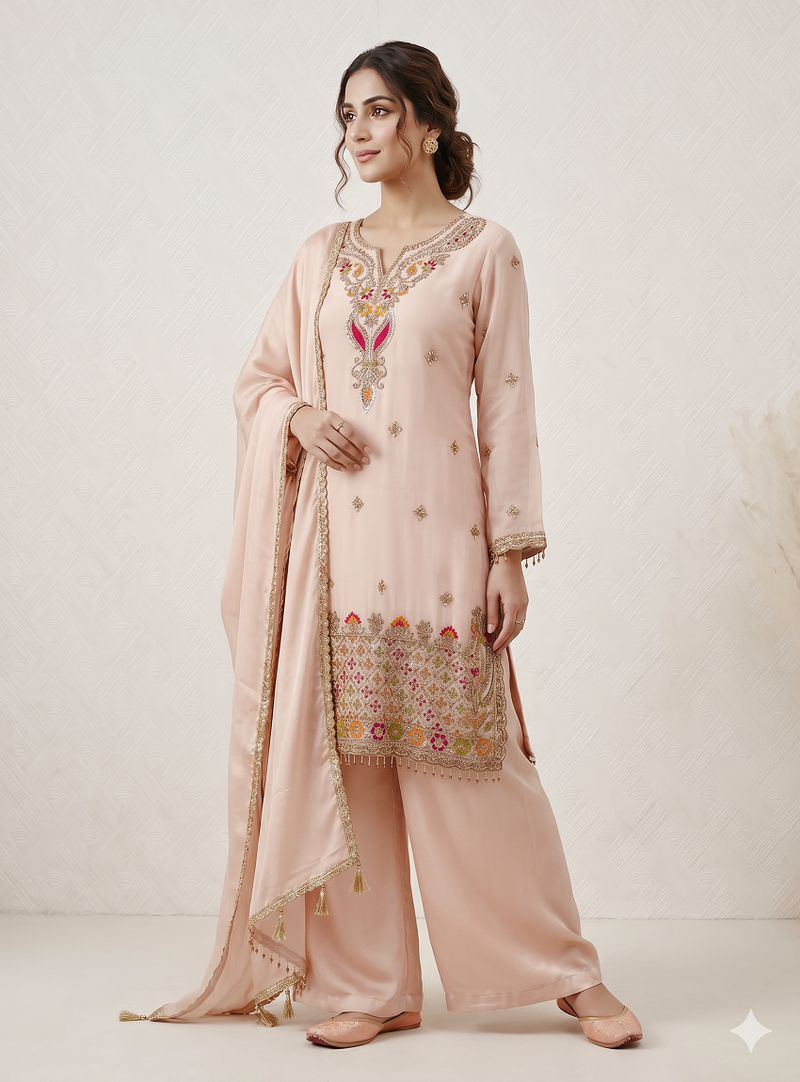 Designer baby pink  festive palazzo suit set with heavy embroidery