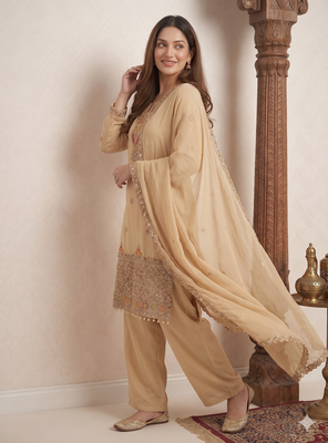  beige  festive palazzo suit set with heavy embroidery 2