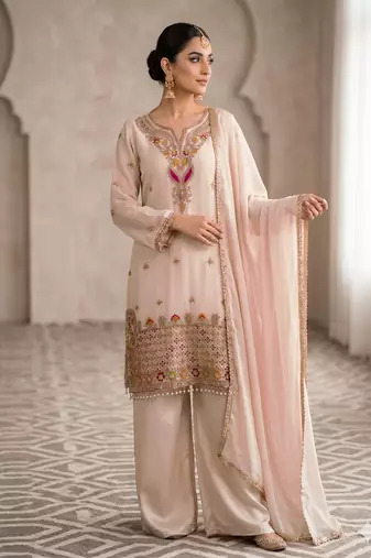 Designer baby pink  festive palazzo suit set with heavy embroidery
