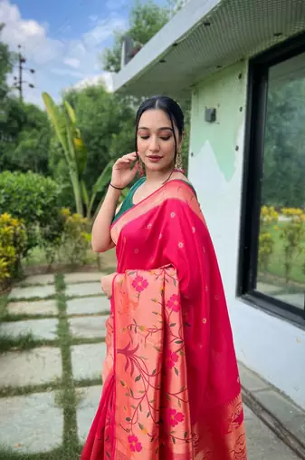 Pink silk blend saree with meenakari motifs