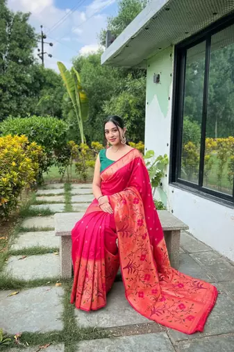 Pink silk blend saree with meenakari motifs