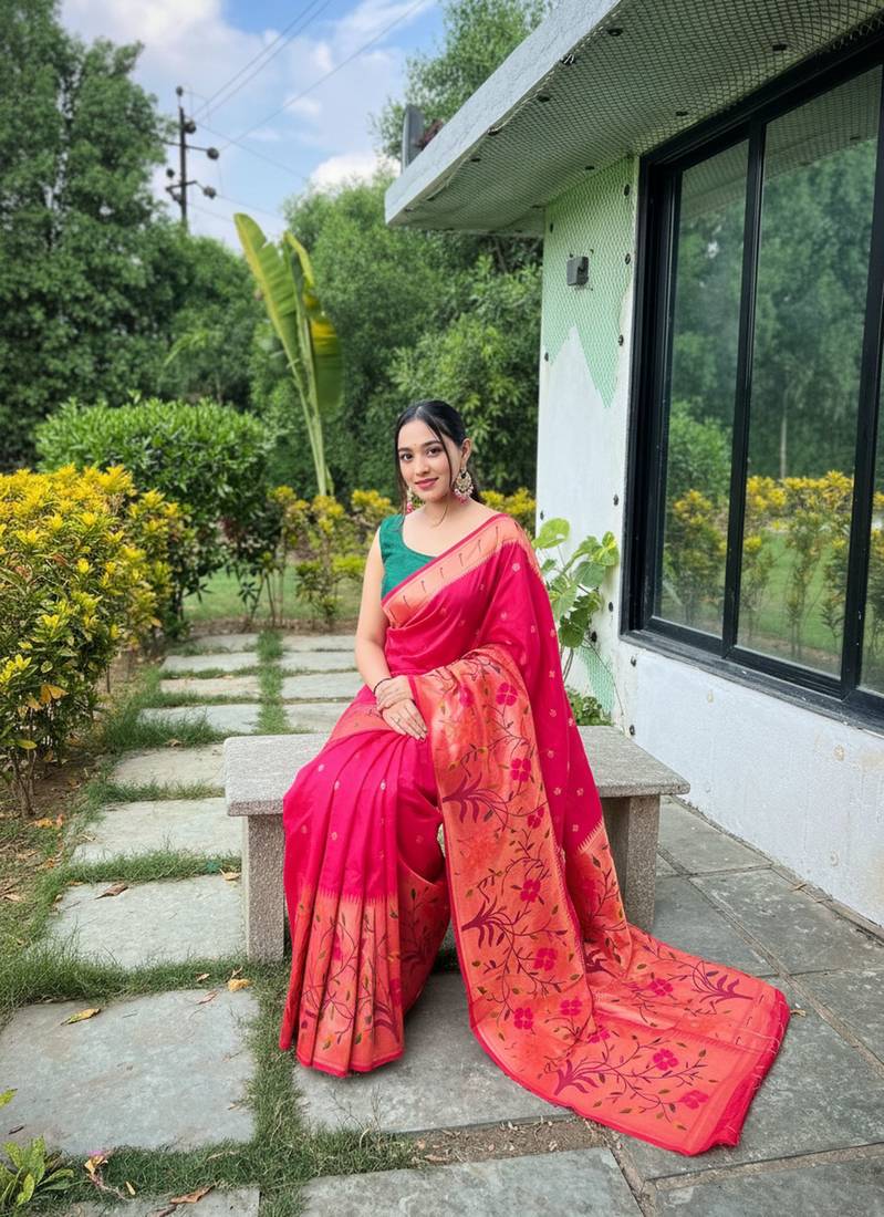 Pink silk blend saree with meenakari motifs