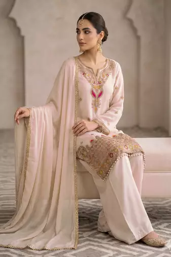 Designer baby pink  festive palazzo suit set with heavy embroidery