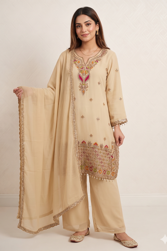  beige  festive palazzo suit set with heavy embroidery