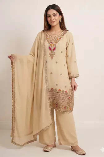 Designer beige  festive palazzo suit set with heavy embroidery