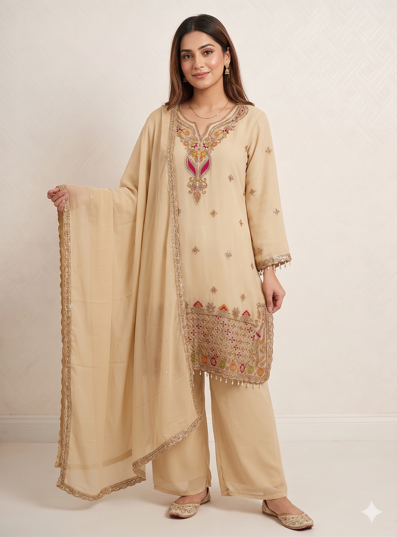 Designer beige  festive palazzo suit set with heavy embroidery