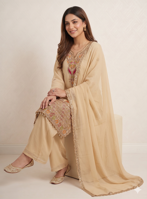  beige  festive palazzo suit set with heavy embroidery 4
