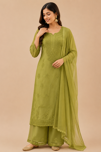 Olive faux georgette embroidered palazzo suit set