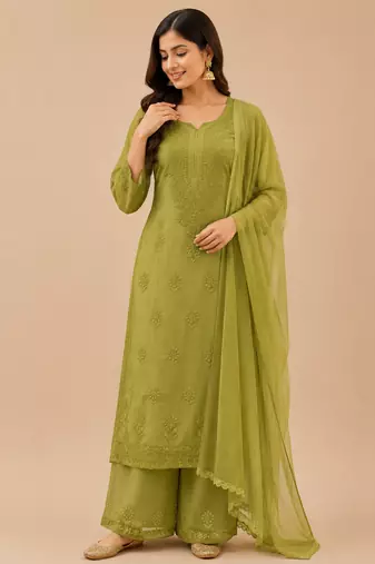 Olive faux georgette embroidered palazzo suit set