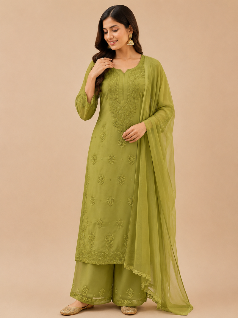 Olive faux georgette embroidered palazzo suit set