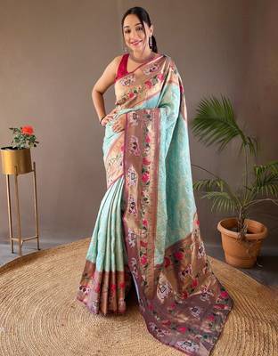 sky blue style silk bland zari weaving contrust border saree with blouse 2