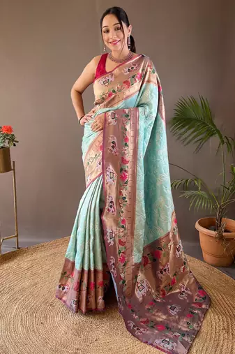 sky blue style silk bland zari weaving contrust border saree with blouse