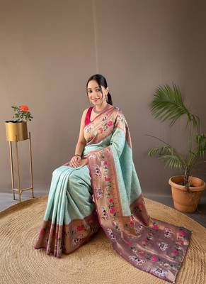 sky blue style silk bland zari weaving contrust border saree with blouse 4