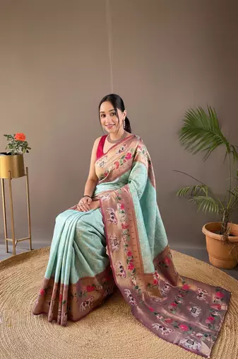 sky blue style silk bland zari weaving contrust border saree with blouse