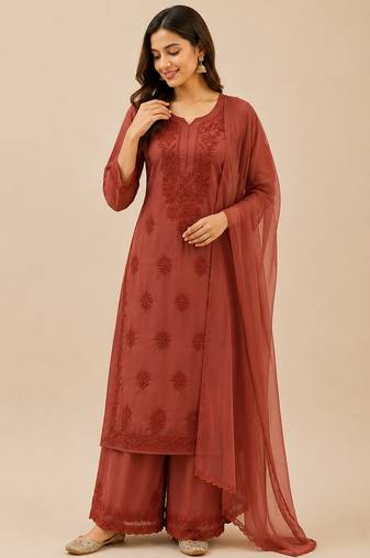 Brown faux georgette embroidered palazzo suit set