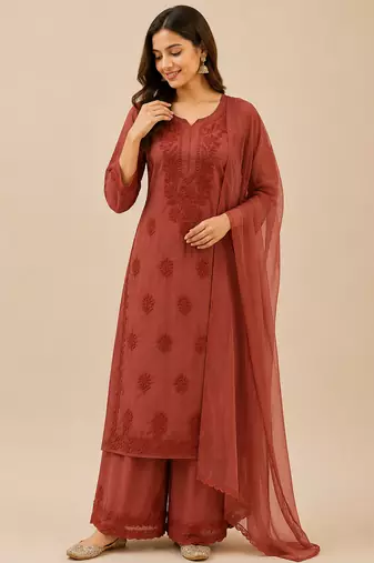 Brown faux georgette embroidered palazzo suit set