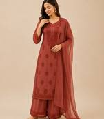 Brown faux georgette embroidered palazzo suit set