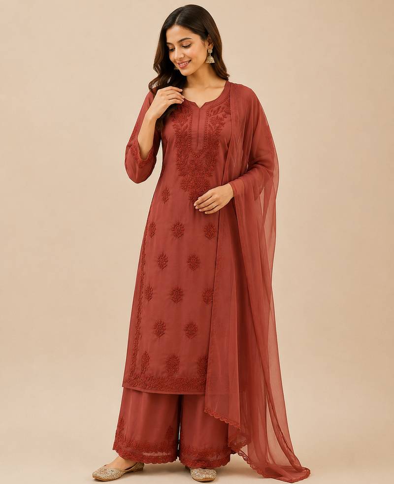 Brown faux georgette embroidered palazzo suit set