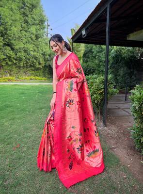 traditional pink silk blend saree with vibrant floral motifs 2