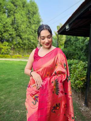 traditional pink silk blend saree with vibrant floral motifs 3