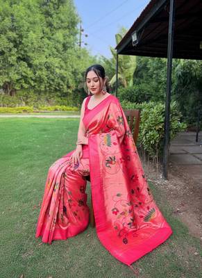 traditional pink silk blend saree with vibrant floral motifs 4