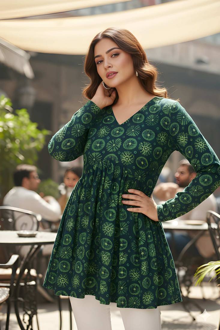 Green color delta silk fabric ethnic office wear short kurti