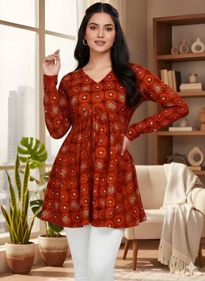 Red color delta silk fabric ethnic office wear short kurti 1