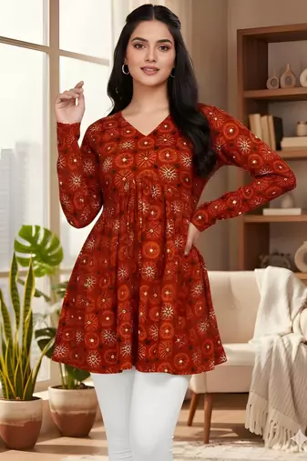 Red color delta silk fabric ethnic office wear short kurti