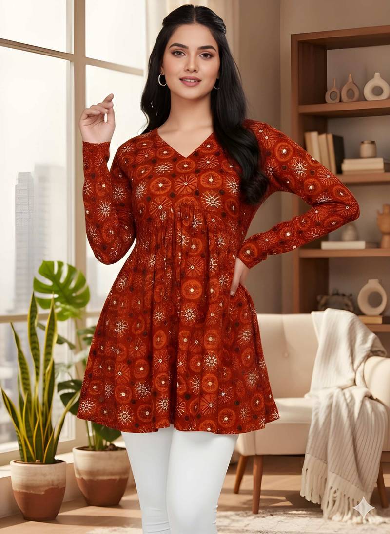 Red color delta silk fabric ethnic office wear short kurti